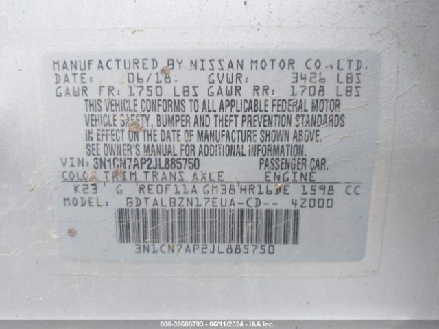 3N1CN7AP2JL885750 Nissan Versa 1.6 Sv