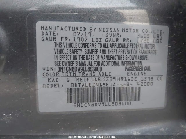 Nissan Versa S Xtronic Cvt 2020 3N1CN8DV9LL803600 Image 9