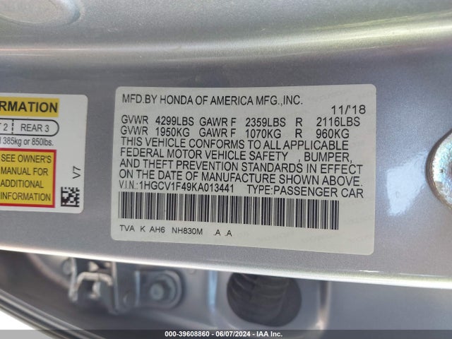 Honda ACCORD EX 2019 1HGCV1F49KA013441 Image 9