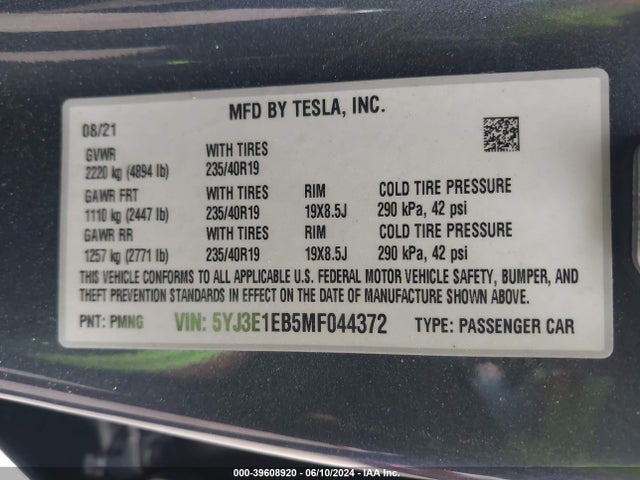 Tesla Model 3 Long Range Dual Motor All-wheel Drive 2021 5YJ3E1EB5MF044372 Image 9