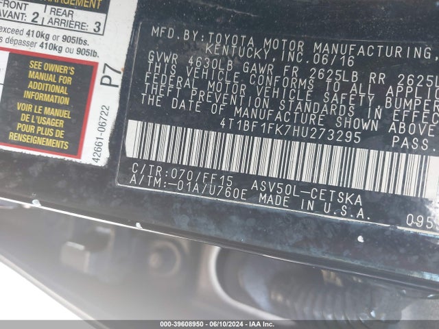 Toyota CAMRY SE 2017 4T1BF1FK7HU273295 Image 9