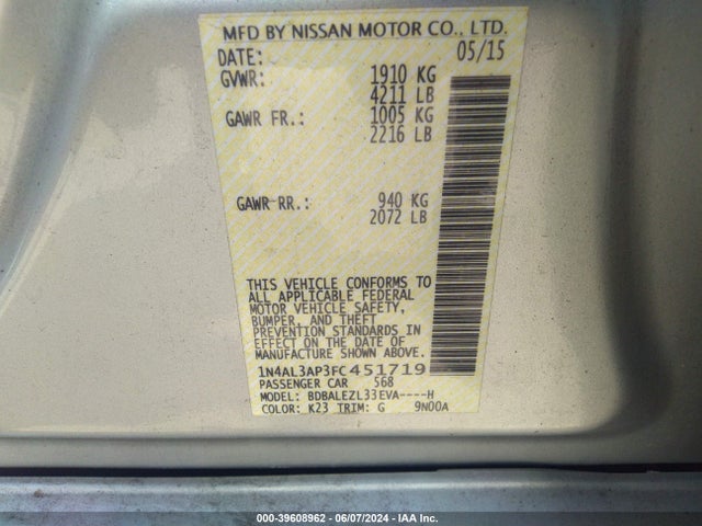 Nissan Altima 2.5 S 2015 1N4AL3AP3FC451719 Image 9