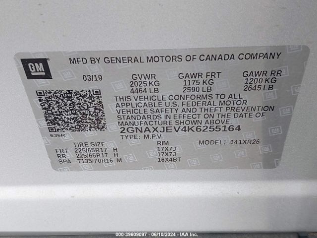 2GNAXJEV4K6255164 Chevrolet EQUINOX LT