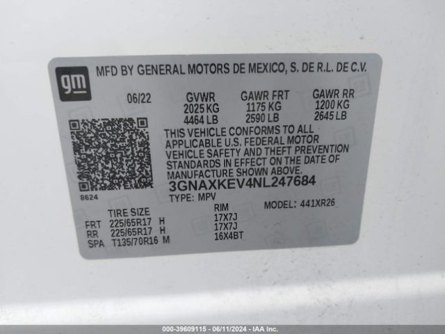 3GNAXKEV4NL247684 Chevrolet Equinox Fwd Lt