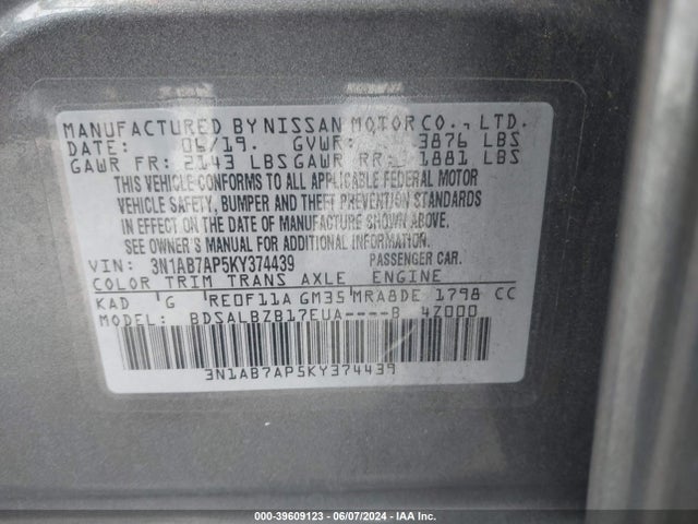 Nissan SENTRA S 2019 3N1AB7AP5KY374439 Image 9
