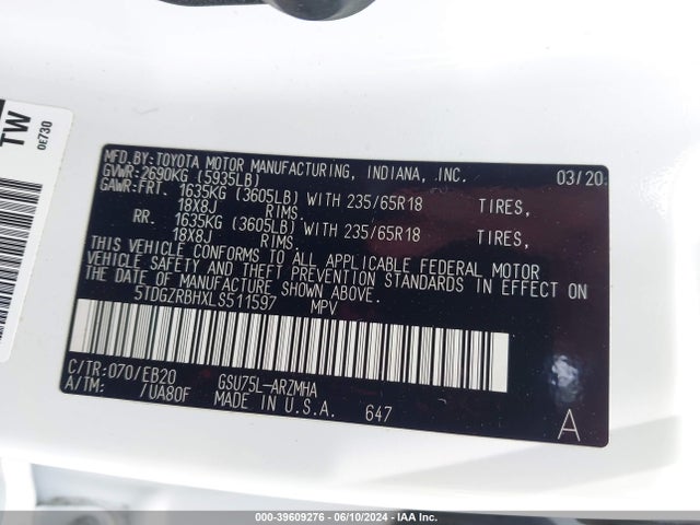 Toyota Highlander Xle 2020 5TDGZRBHXLS511597 Image 9