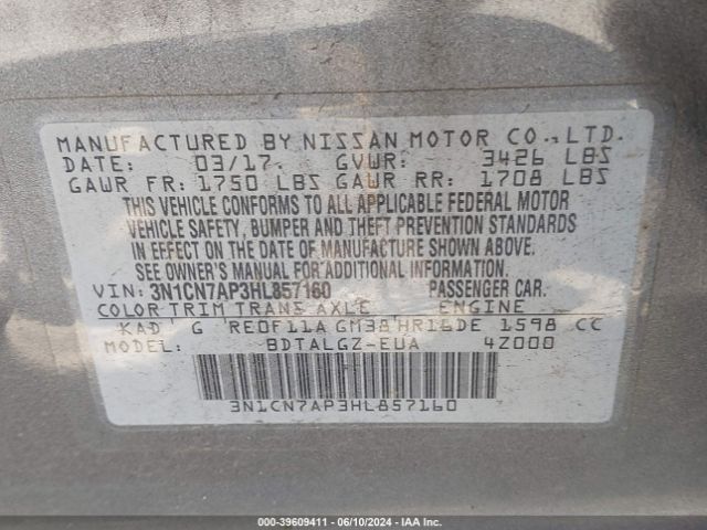 3N1CN7AP3HL857160 Nissan Versa 1.6 Sl
