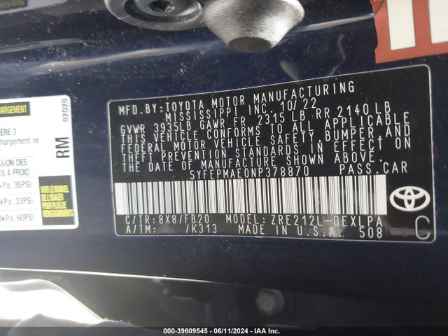 Toyota COROLLA LE 2022 5YFEPMAE0NP378870 Image 9