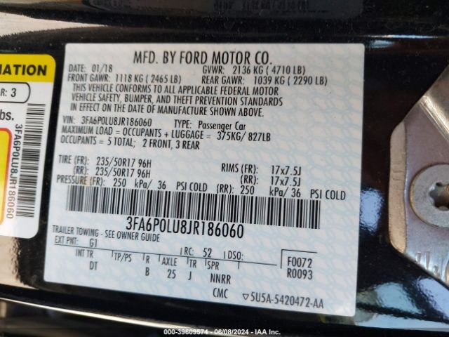 3FA6P0LU8JR186060 Ford Fusion Hybrid Se