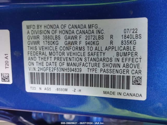 2HGFE2F53NH594839 Honda Civic Sport