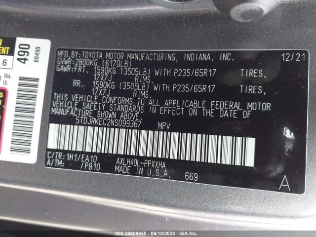 Toyota SIENNA XLE 2022 5TDJRKEC2NS099367 Image 9
