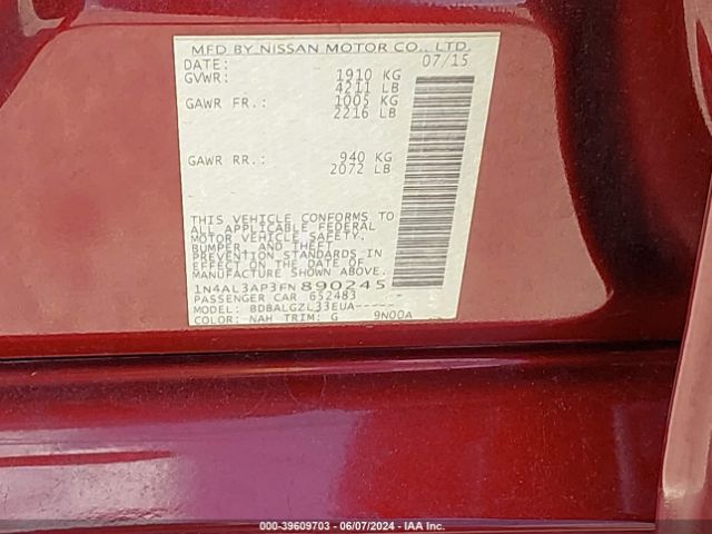 1N4AL3AP3FN890245 Nissan Altima 2.5/2.5 S/2.5 Sl/2.5 Sv