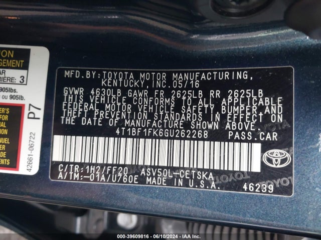 Toyota CAMRY SE 2016 4T1BF1FK6GU262268 Image 9