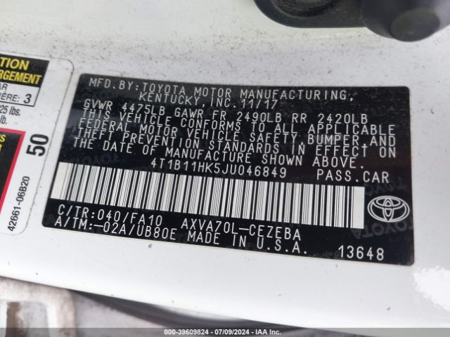 4T1B11HK5JU046849 Toyota CAMRY L