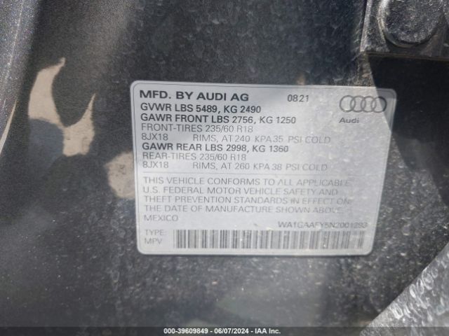 WA1GAAFY5N2001293 Audi Q5 Premium 45 Tfsi S Line Quattro S Tronic