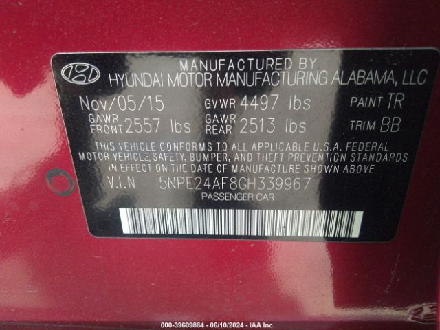5NPE24AF8GH339967 Hyundai SONATA SE