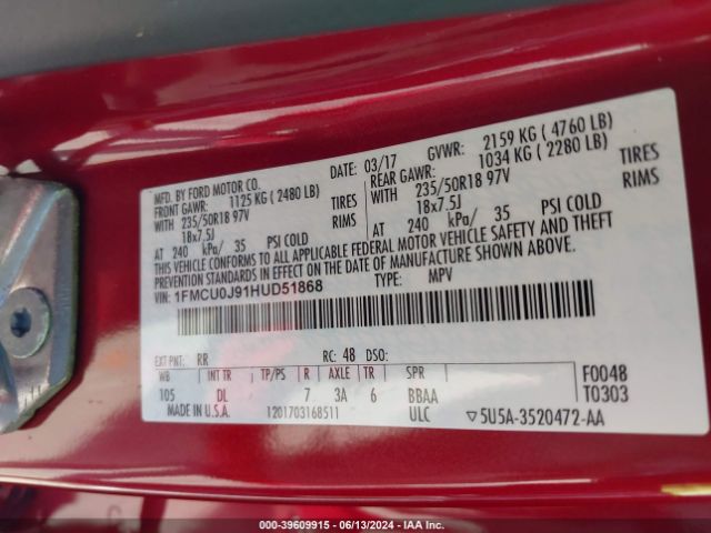 1FMCU0J91HUD51868 Ford Escape Titanium