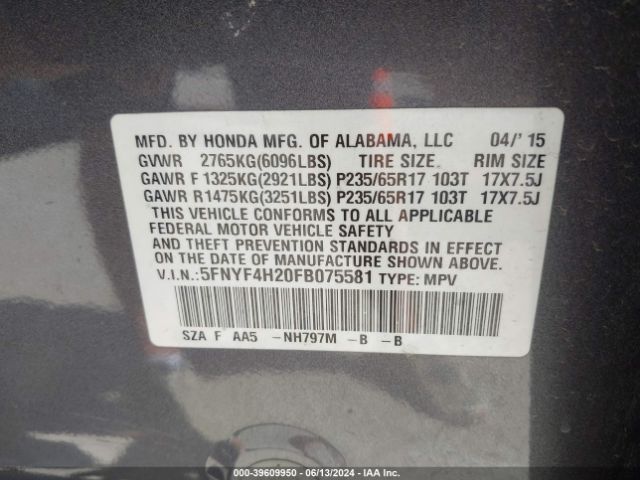 5FNYF4H20FB075581 Honda PILOT LX