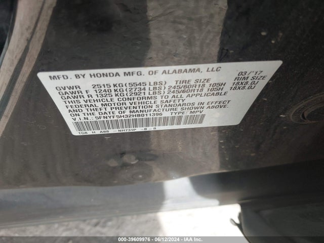 Honda Pilot Ex 2017 5FNYF5H32HB011396 Image 9