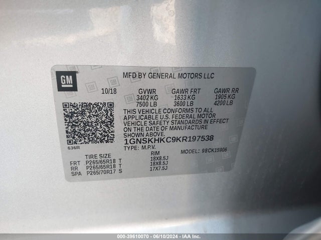 Chevrolet Suburban Lt 2019 1GNSKHKC9KR197538 Image 9