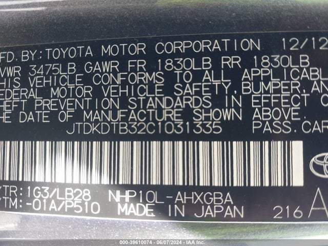 Aukcja sprzedaży 2012 Toyota Prius C Four, vin: JTDKDTB32C1031335, numer aukcji: 39610074