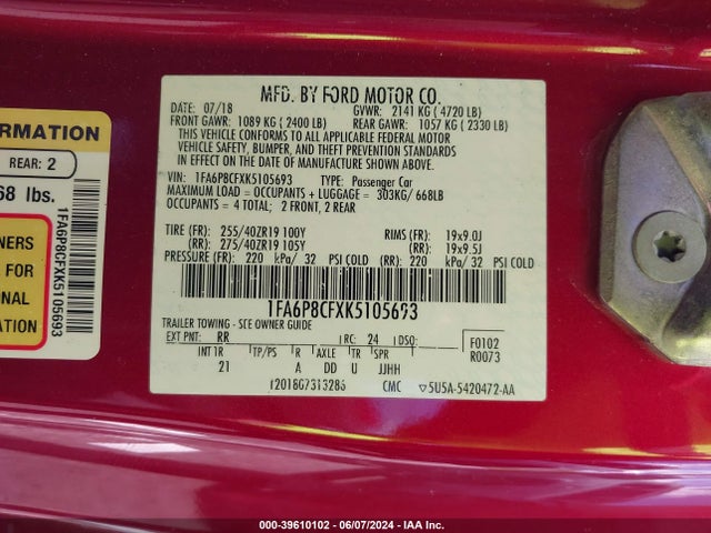 Ford MUSTANG GT 2019 1FA6P8CFXK5105693 Image 9