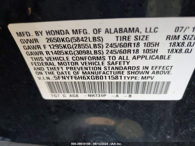 Honda Pilot Ex-l 2016 5FNYF6H6XGB011581 Image 9