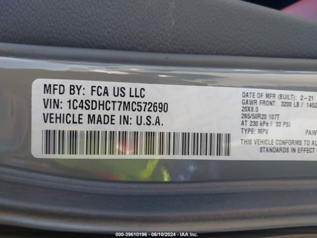 1C4SDHCT7MC572690 Dodge Durango R/t Rwd