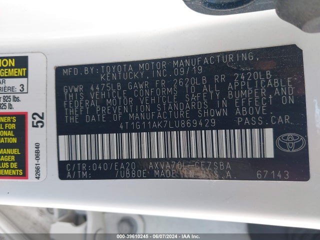 Toyota CAMRY SE 2020 4T1G11AK7LU869429 Image 9