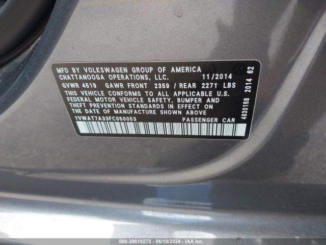 1VWAT7A33FC050053 Volkswagen Passat 1.8t Wolfsburg Edition