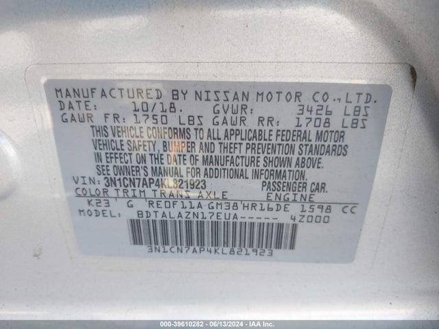 Nissan Versa 1.6 S+ 2019 3N1CN7AP4KL821923 Image 9