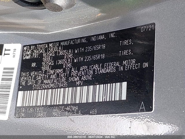Toyota Highlander Le 2021 5TDZZRAH0MS078495 Image 9