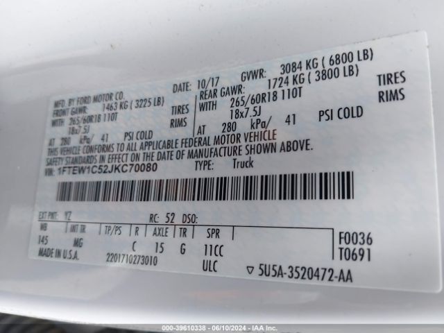 1FTEW1C52JKC70080 Ford F-150 Xlt