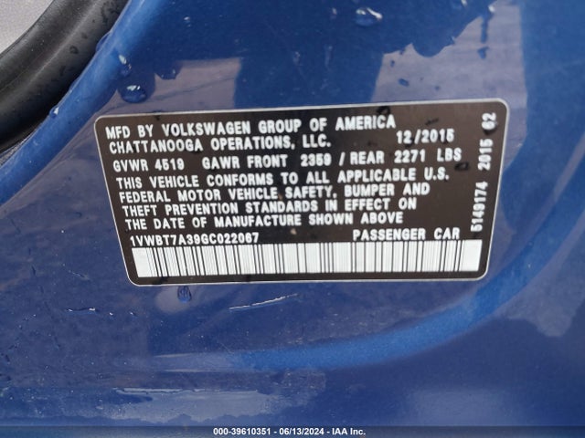 1VWBT7A39GC022067 Volkswagen Passat 1.8t Se