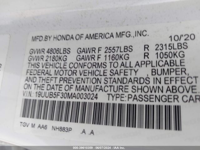 19UUB5F30MA003024 Acura Tlx Standard