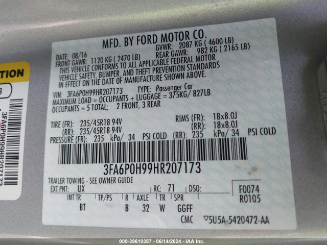 Ford FUSION SE 2017 3FA6P0H99HR207173 Image 9