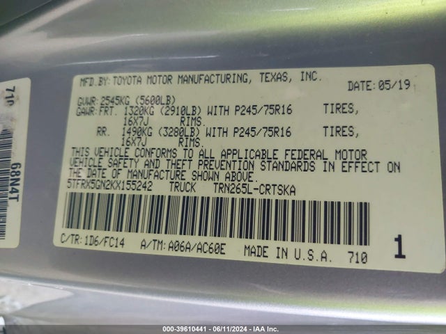 Toyota Tacoma Sr5 2019 5TFRX5GN2KX155242 Image 9