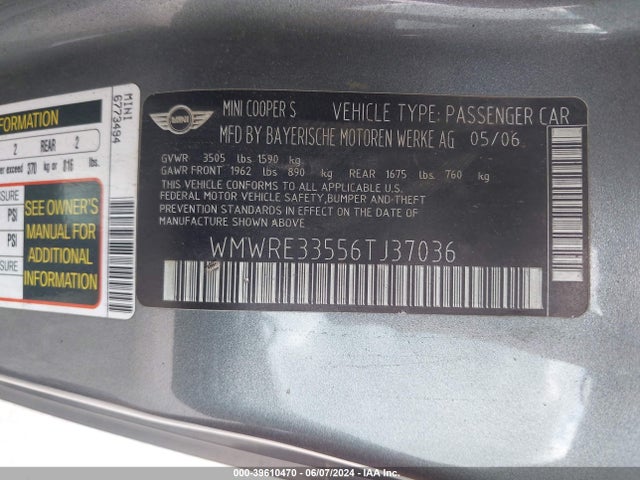 2006 MINI COOPER S WMWRE33556TJ37036 Photo 8