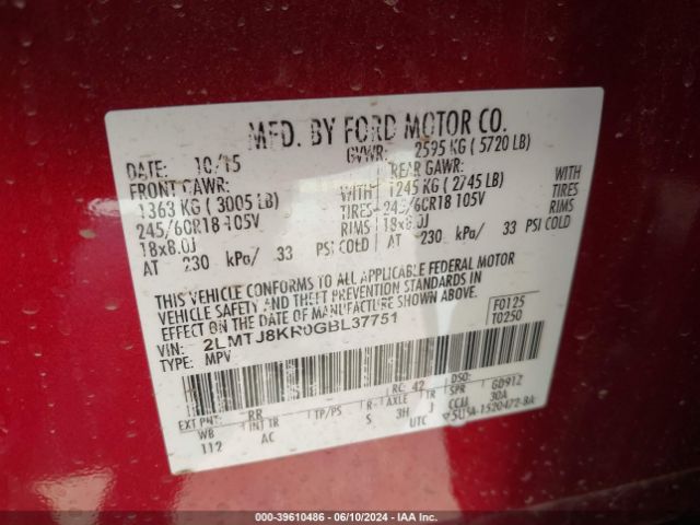2LMTJ8KR0GBL37751 Lincoln Mkx Select