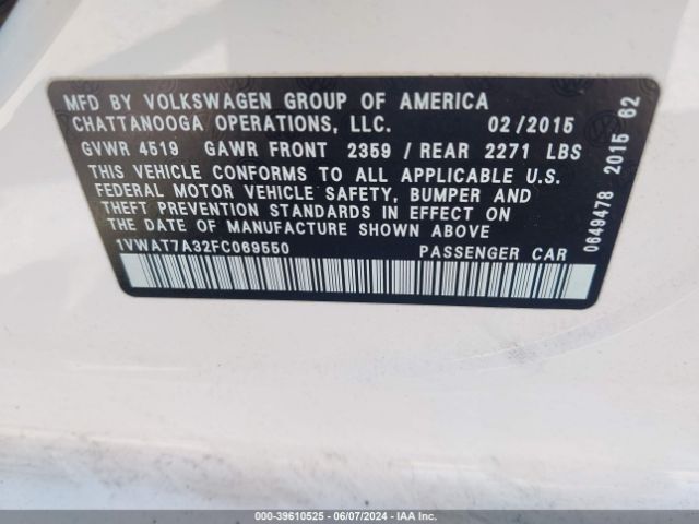 1VWAT7A32FC069550 Volkswagen Passat 1.8t Wolfsburg Edition