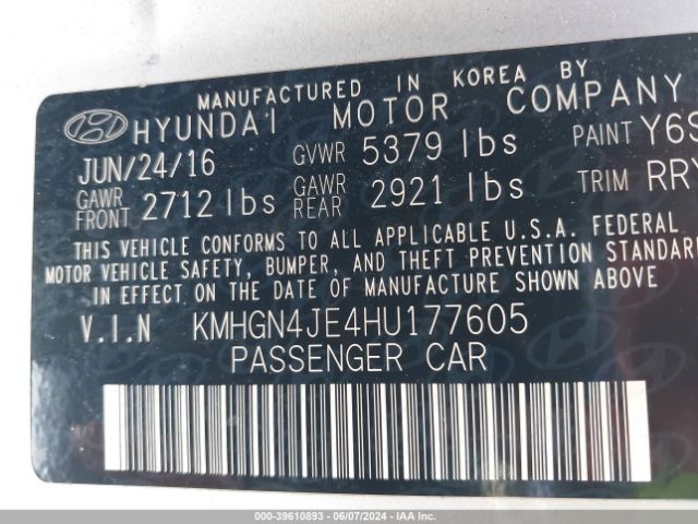 KMHGN4JE4HU177605 Genesis G80 3.8