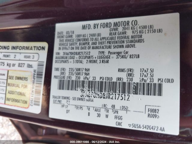 3FA6P0HD8JR217512 Ford FUSION SE