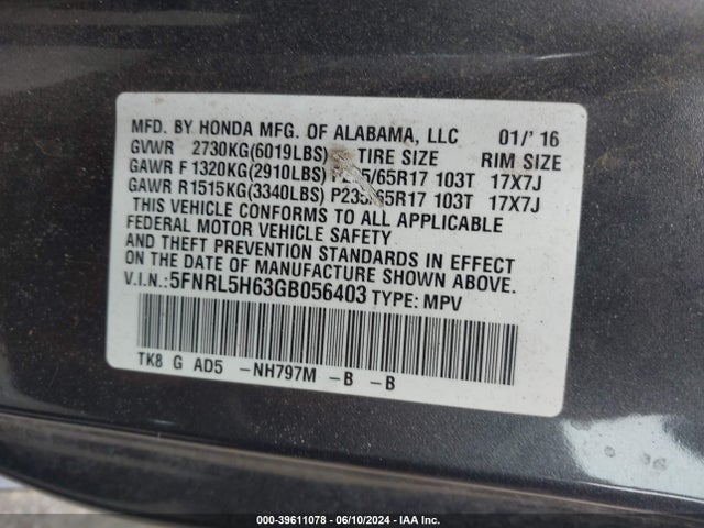 Honda Odyssey Ex-l 2016 5FNRL5H63GB056403 Image 9