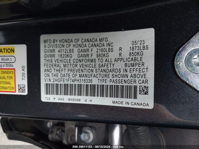 Honda Civic Ex /ex W/o Bsi 2023 2HGFE1F74PH316336 Image 9