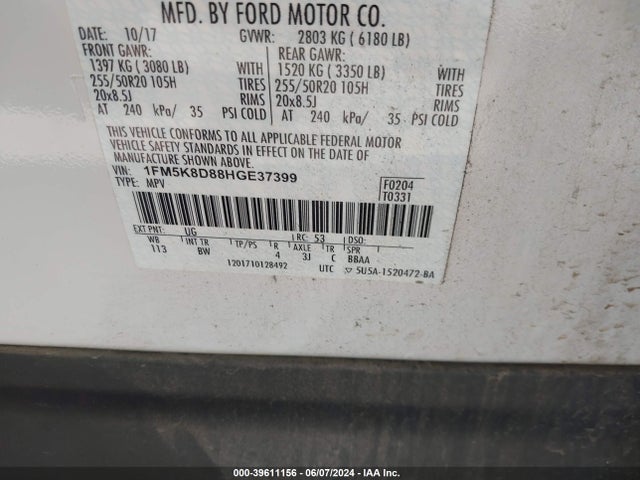 Ford EXPLORER XLT 2017 1FM5K8D88HGE37399 Image 9