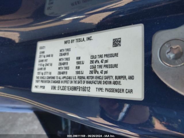5YJ3E1EA9MF916012 Tesla Model 3 Standard Range Plus Rear-wheel Drive