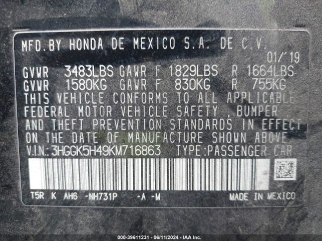 3HGGK5H49KM716863 Honda FIT LX