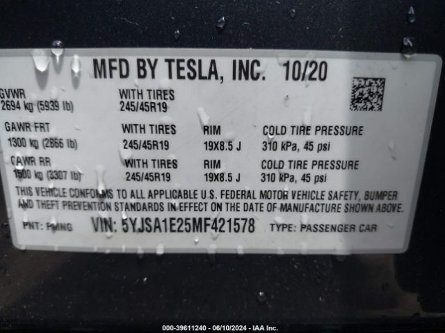 5YJSA1E25MF421578 Tesla Model S Long Range Dual Motor All-wheel Drive/long Range Plus Dual Motor All-wheel Drive