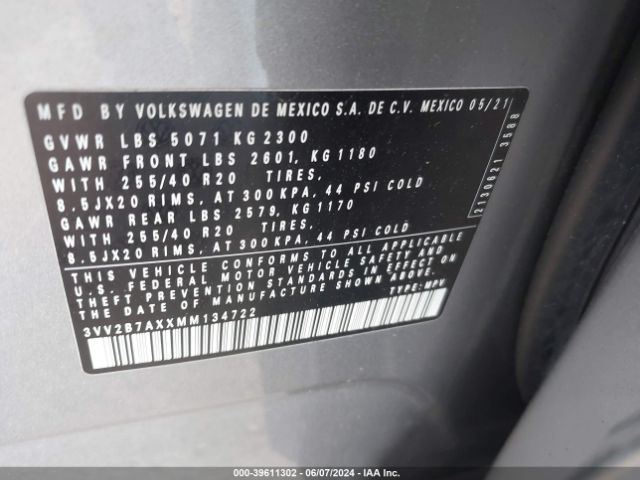 3VV2B7AXXMM134722 Volkswagen Tiguan 2.0t Se/2.0t Se R-line Black/2.0t Sel