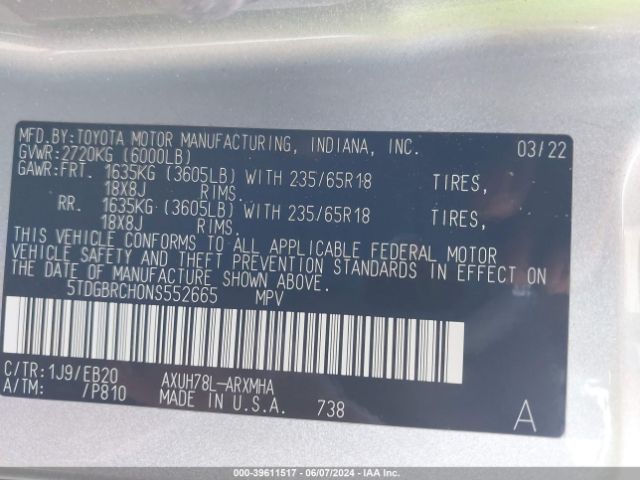 5TDGBRCH0NS552665 Toyota Highlander Hybrid Xle